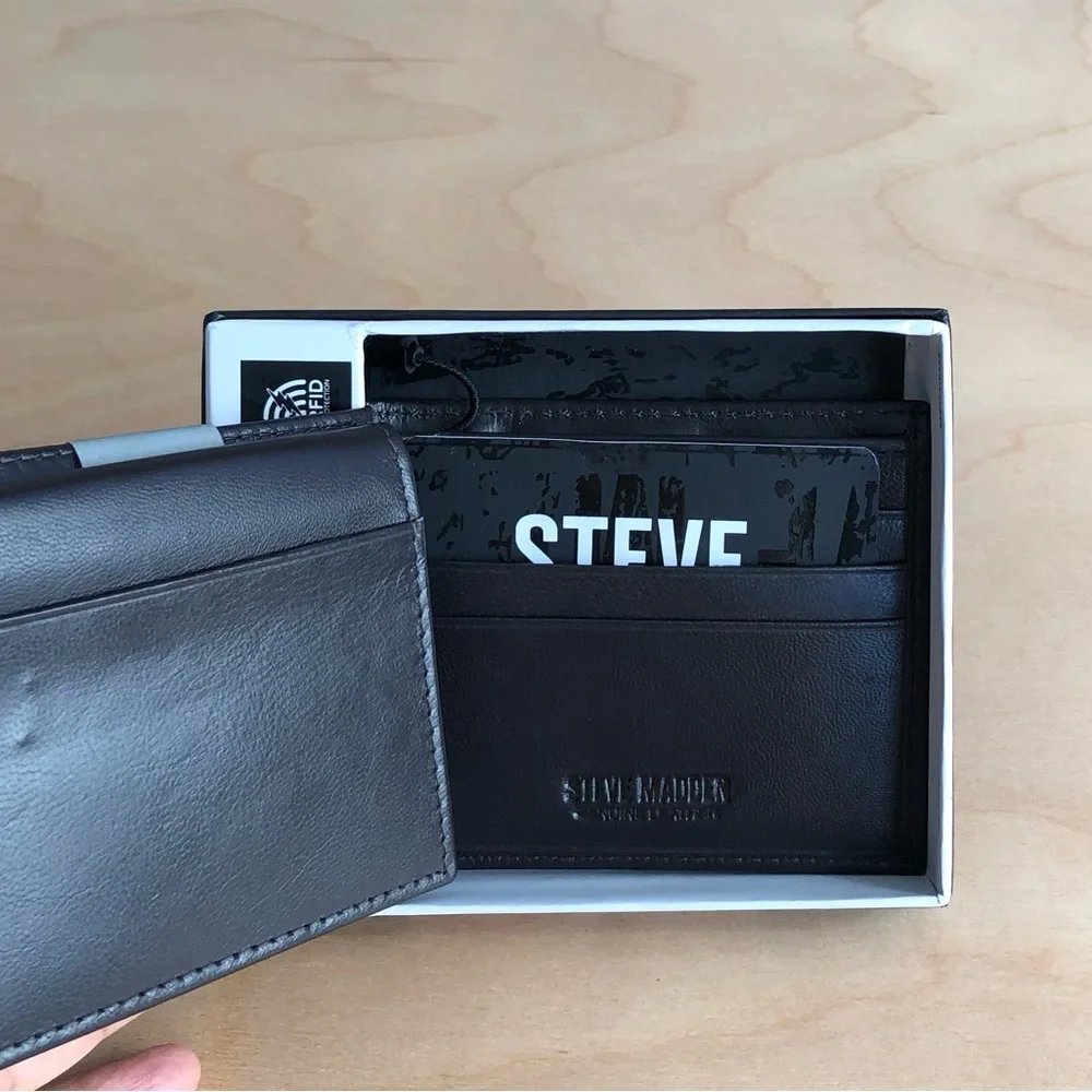 NWT Steve Madden Genuine Leather Wallet Classic Black Mens One Size